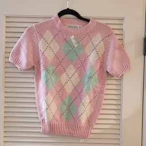 Point of View - (NWT) Vintage Pastel Argyle Knit Sweater Short-Sleeve Top